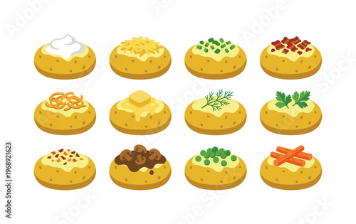 Potato dishes topped with sour cream, grated cheese, chopped chives, crispy bacon, fried onions, garlic butter, dill sprigs,