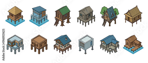 Collection of various isometric stilt houses, treehouses, and elevated homes, showcasing different architectural styles and materials.