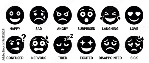 Collection of black emoji icons depicting various human emotions and facial expressions, including happiness, sadness, anger, and surprise.