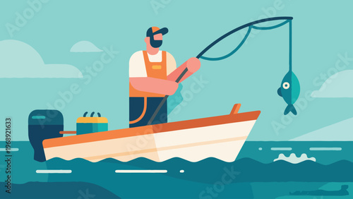 Illustration Of Fisherman On Boat At Sea Vector Design Template