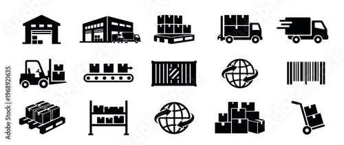 Logistics shipping warehouse icons collection representing delivery, storage, and global transportation processes for modern business.