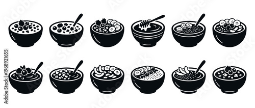 Healthy breakfast bowls with various toppings like berries, bananas, and nuts, presented as a collection of graphic vector icons.