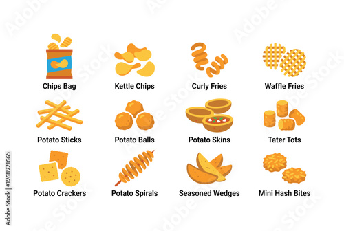 Crispy potato snacks including chips bag, kettle chips, curly fries, waffle fries, potato sticks, potato balls, potato skins,