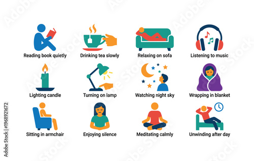 A reading book quietly, drinking tea slowly, relaxing on sofa, listening to music, lighting candle, turning on lamp, watching