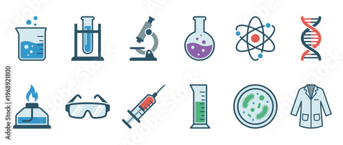 Science laboratory equipment icons set featuring various tools for chemistry, biology, and medical research experiments.