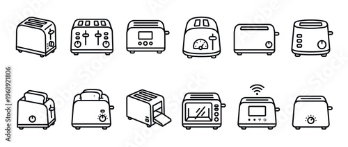 Toaster kitchen appliance vector icon set featuring various modern and classic designs for breakfast preparation.
