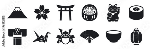 Japanese icons, cultural symbols, and traditional elements are depicted in a collection of black silhouette vector illustrations.