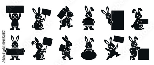 Cute rabbit characters holding blank signs and banners in various poses, perfect for messages and announcements or Easter greetings.