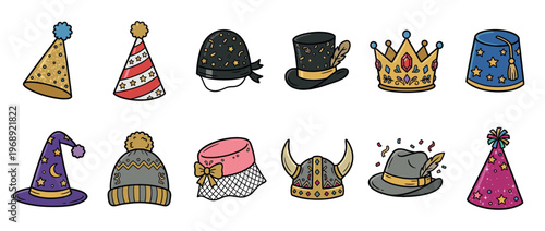 Collection of various cartoon hats and headwear, including party hats, crowns, wizard hats, and winter beanies, in a doodle style.