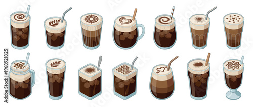 Collection of isometric iced coffee beverages featuring diverse latte art and glass types.