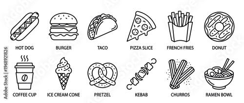 Fast food icons collection featuring popular snacks like hot dogs, burgers, pizza, and desserts in a clean line art style.