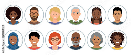 Diverse group of people avatars in circular frames, representing various ages, genders, and ethnicities, perfect for user profiles or social media icons.