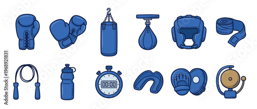 Collection of blue boxing equipment and training gear including gloves, punching bags, headgear, and other accessories for combat sports.