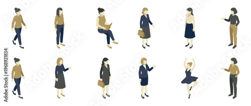 Isometric illustrations of diverse women engaged in various activities, including walking, working, sitting, and dancing, depicted in a minimalist flat design style.