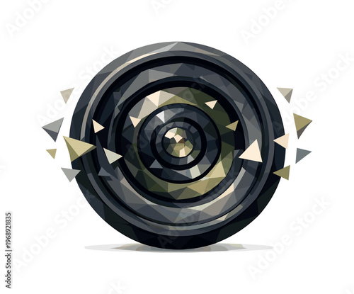 Low-poly vector illustration focused on camera lens zoom after the focus locks, geometric lens stabilized with balanced