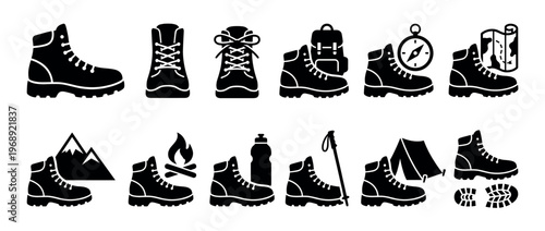 Hiking boots, outdoor gear, camping equipment, and adventure travel accessories icon set for nature exploration and wilderness activities.