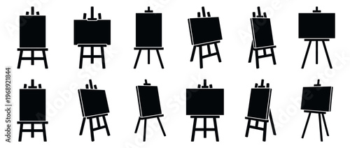 Collection of black easel and canvas icons representing artistic creation and painting equipment for various design projects.