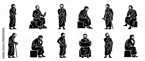 Ancient Greek philosophers set in various poses depicting thought, wisdom, and contemplation, rendered in a classic silhouette style.