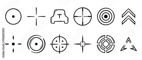 Hand drawn crosshairs, targets, and aiming reticles collection for shooting games, military applications, and precision interfaces.