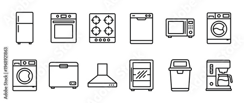 Household appliances outline icons collection featuring various modern electronic devices for home kitchen and laundry.