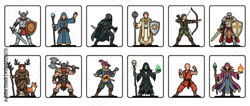 Diverse collection of fantasy role-playing game characters representing various classes and archetypes for adventure and storytelling.