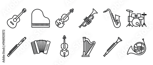 Collection of various musical instruments depicted as simple black outline icons, representing different types of music and sound.
