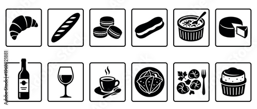 French food icons and beverage symbols in a minimalist black and white graphic style, representing popular culinary items.