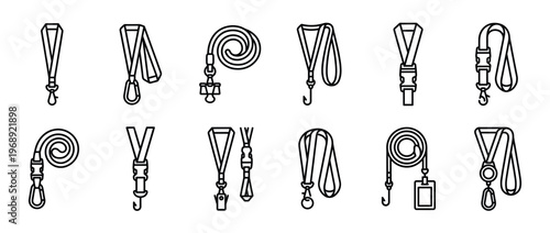 Set of outline lanyard icons featuring various designs, including hooks, clips, and buckles, suitable for web and print graphics.
