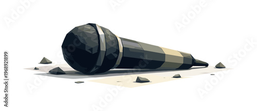Low-poly vector illustration focused on microphone stage drop after the impact settles, geometric microphone resting on the stage