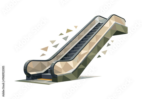 Low-poly vector illustration focused on escalator rush upward after reaching steady flow, geometric escalator rising smoothly