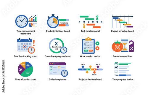 A time management dashboard, productivity timer board, task timeline panel, project schedule board, deadline tracking board,