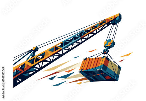 Low-poly vector illustration focused on a crane swing load during the action escalation, dramatic diagonal composition with the