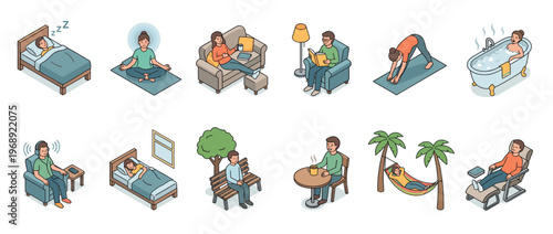 People engaging in various relaxing activities for self-care and well-being, illustrating different ways to unwind and find peace at home or outdoors.