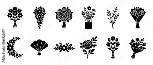Collection of various floral bouquets, flower arrangements, and plant silhouettes in a decorative icon set, perfect for design elements.