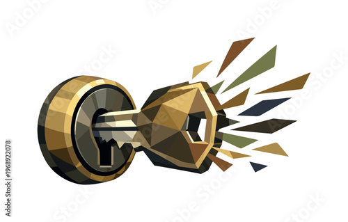 Low-poly vector illustration focused on a house key twist, faceted metal key inserted into a geometric door lock cylinder, key