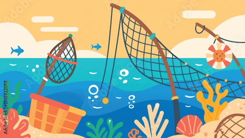 Illustration Of Fishing Nets And Ocean Elements Vector Design Template