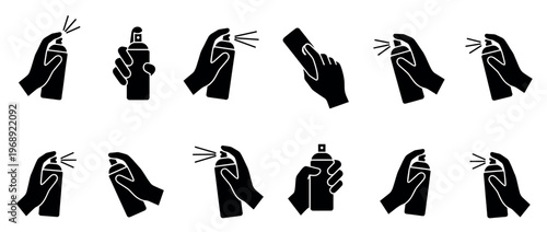 Collection of black silhouette icons depicting hands using spray cans for various applications and tasks.