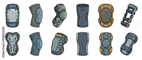 Collection of various protective knee and elbow pads, braces, and sports safety gear in a hand-drawn cartoon style.