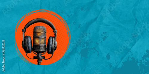 Headphones and microphone for recording with a halftone effect. Vector design of retro radio host equipment for a podcast cover or music event poster.