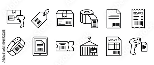 Collection of barcode and scanning related line icons representing inventory management, shipping, retail, and digital documentation processes.
