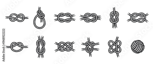 Various rope knots and nautical ties are illustrated in a collection of black and white line art designs.