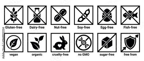Dietary restriction icons and food allergen symbols for healthy eating and ethical product labeling and choices.