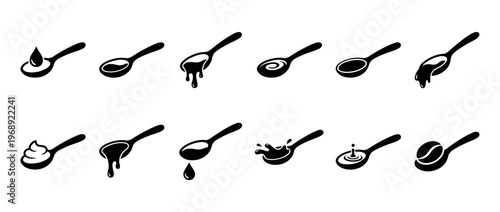 Spoon icons with various liquids and solids, including drops, splashes, cream, and a coffee bean, representing different culinary concepts.