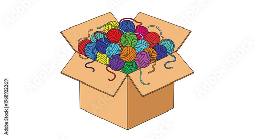 An open brown cardboard box is filled to the brim with a chaotic assortment of vibrant yarn balls in various colors like red, green, and purple.