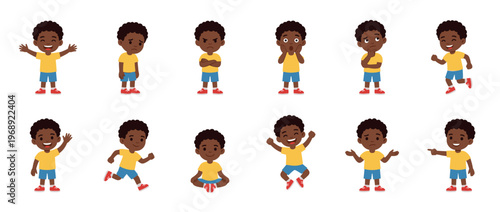 Cute African American boy cartoon character showing various emotions and actions in a set of vector illustrations.