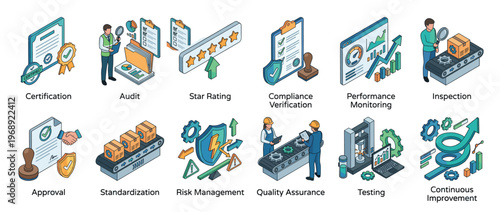 Isometric illustrations of quality management, business process, and improvement concepts for corporate strategy and operational excellence.