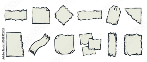 Collection of hand-drawn torn paper elements with rough edges and distressed textures, perfect for adding a vintage or artistic touch to designs.
