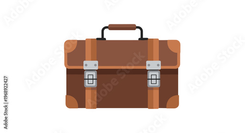 A classic brown leather briefcase featuring sturdy silver buckles and reinforced corners sits closed against a pristine white background in a flat vector style.