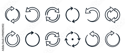 Collection of hand-drawn refresh and reload arrow icons in various circular designs for web and app interfaces.