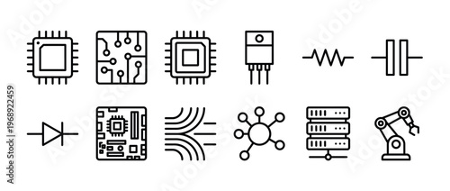Electronic components, computer hardware, and technology icons set for engineering, computing, and digital innovation concepts.